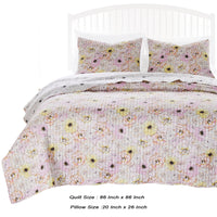 Milan 3 Piece Microfiber Blooming Flower Pattern Queen Quilt Set, White and Pink - BM231048
