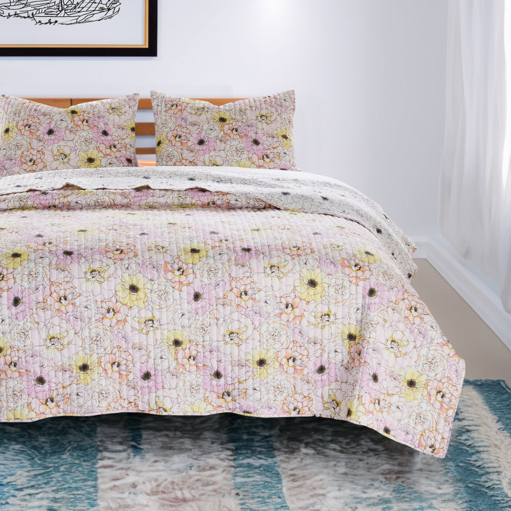 Milan 3 Piece Microfiber Blooming Flower Pattern Queen Quilt Set, White and Pink - BM231048