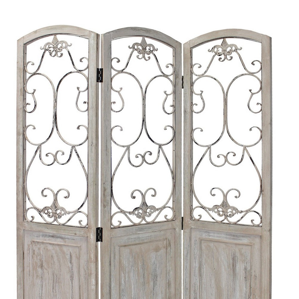 48 inch 3 Panel Screen with Metal Scrollwork, Washed Beige - BM231305