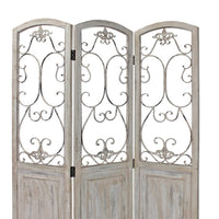 48 inch 3 Panel Screen with Metal Scrollwork, Washed Beige - BM231305