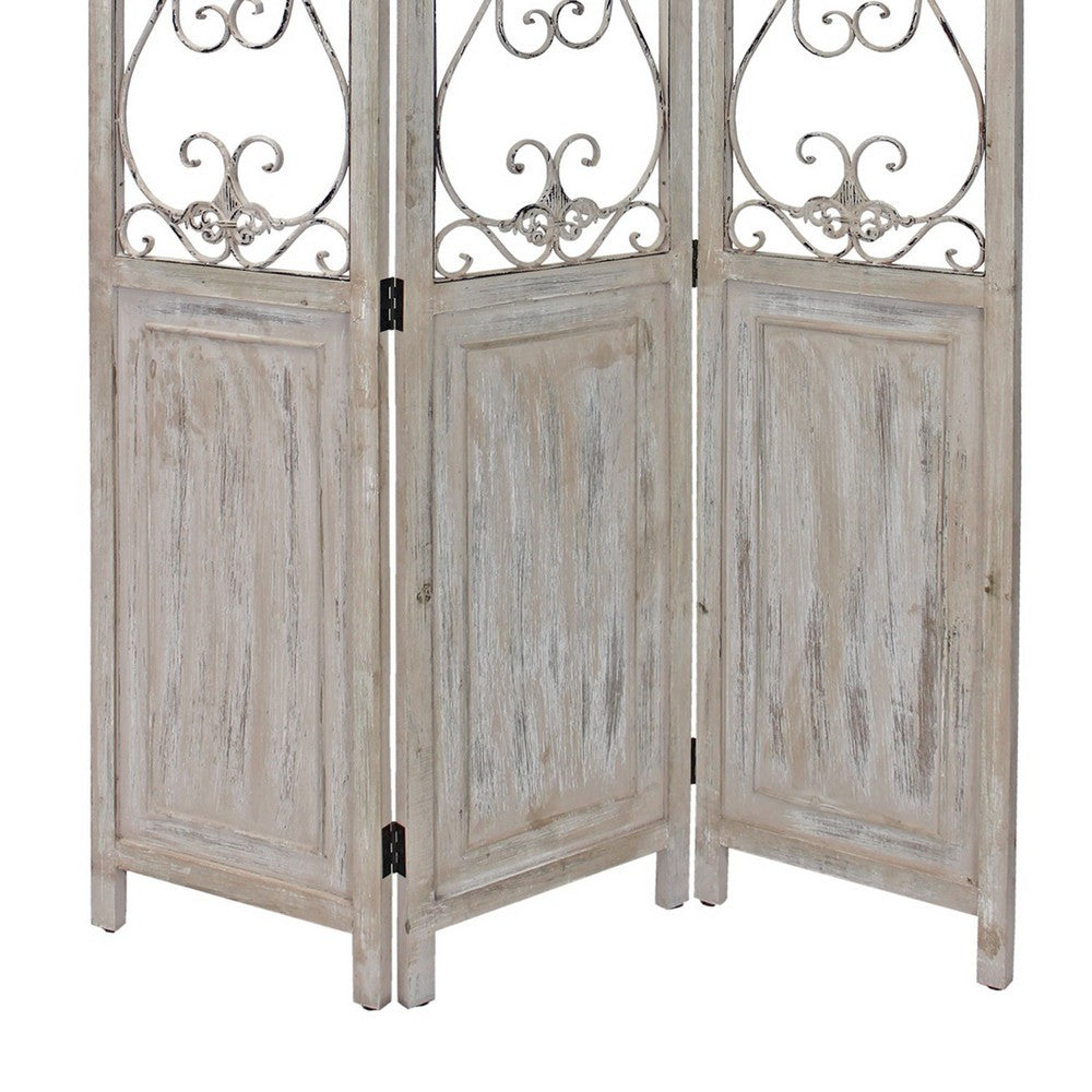48 inch 3 Panel Screen with Metal Scrollwork, Washed Beige - BM231305