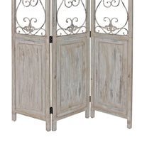 48 inch 3 Panel Screen with Metal Scrollwork, Washed Beige - BM231305