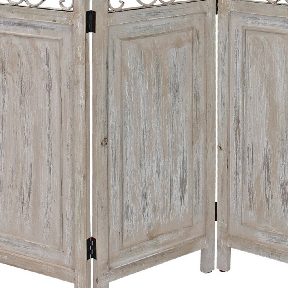 48 inch 3 Panel Screen with Metal Scrollwork, Washed Beige - BM231305