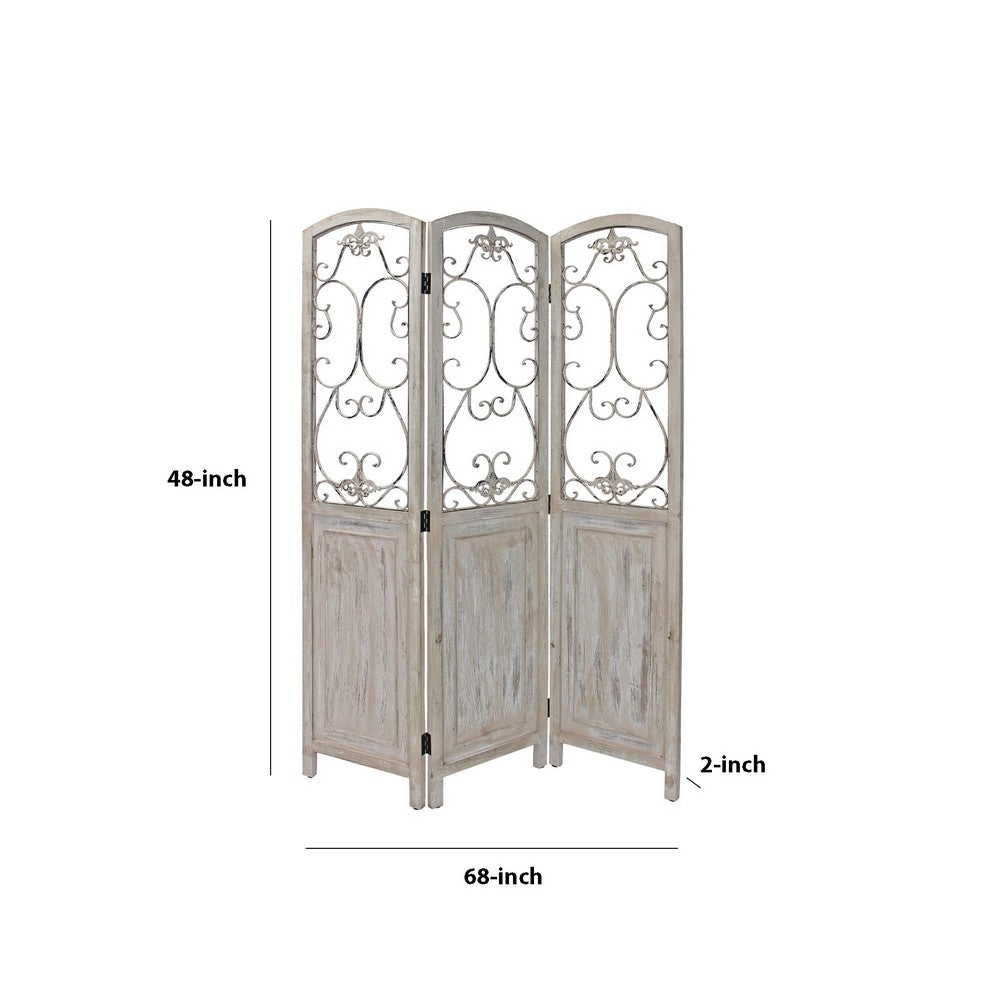 48 inch 3 Panel Screen with Metal Scrollwork, Washed Beige - BM231305