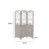 48 inch 3 Panel Screen with Metal Scrollwork, Washed Beige - BM231305