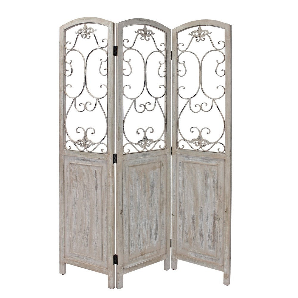 48 inch 3 Panel Screen with Metal Scrollwork, Washed Beige - BM231305
