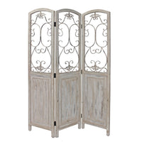 48 inch 3 Panel Screen with Metal Scrollwork, Washed Beige - BM231305
