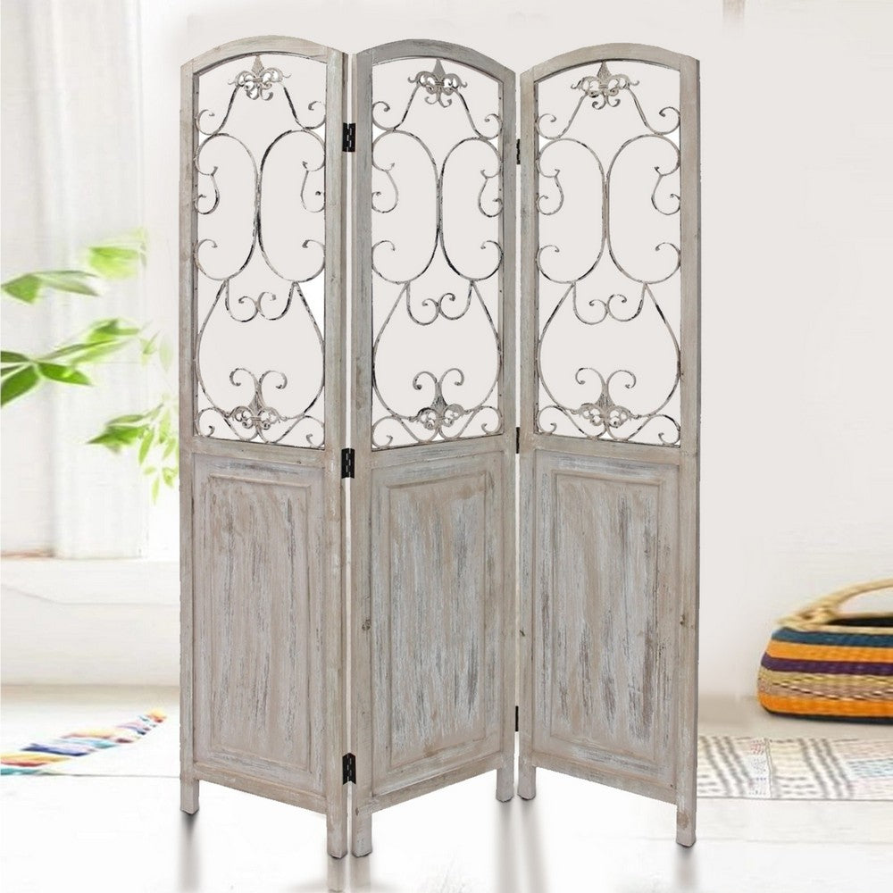48 inch 3 Panel Screen with Metal Scrollwork, Washed Beige - BM231305