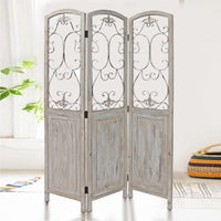 48 inch 3 Panel Screen with Metal Scrollwork, Washed Beige - BM231305