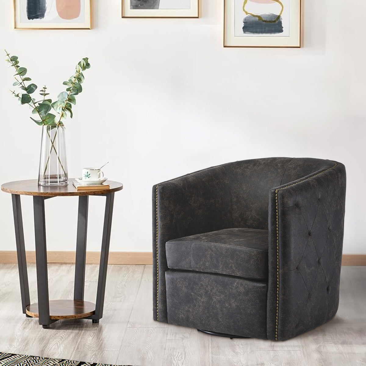 31 Inch Barrel Back Leatherette Swivel Accent Chair, Black - BM231371