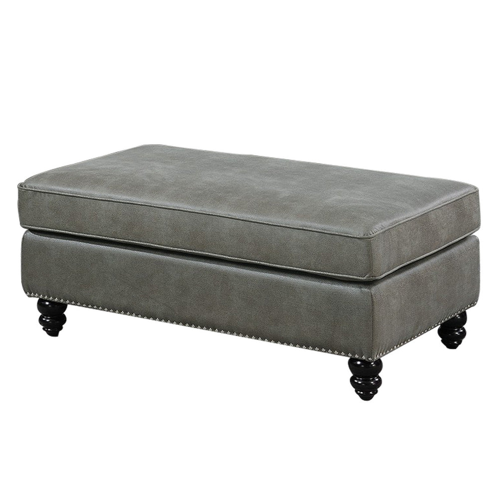 Leatherette Ottoman with Nailhead Trim and Turned Feet, Gray - BM231976