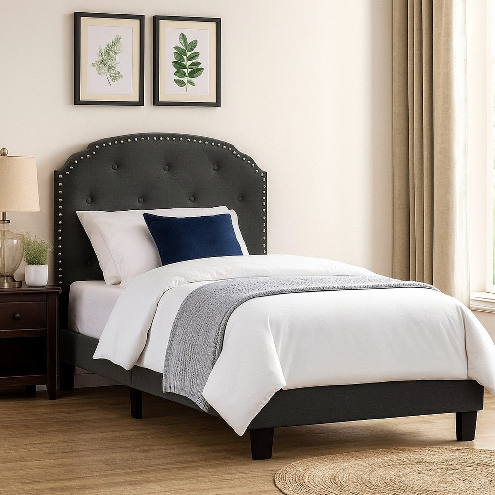 Twin Bed with Button Tufted Scalloped Headboard, Gray - BM232028