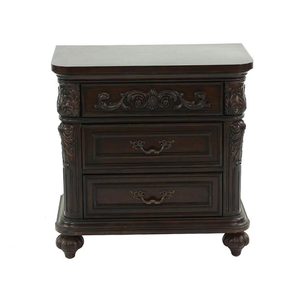 30 Inches 3 Drawer Engraved Wooden Nightstand, Brown - BM232130