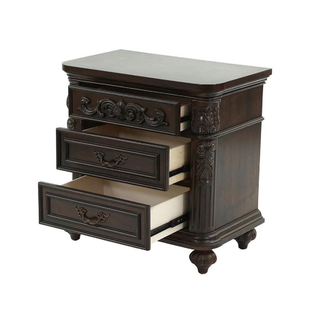30 Inches 3 Drawer Engraved Wooden Nightstand, Brown - BM232130