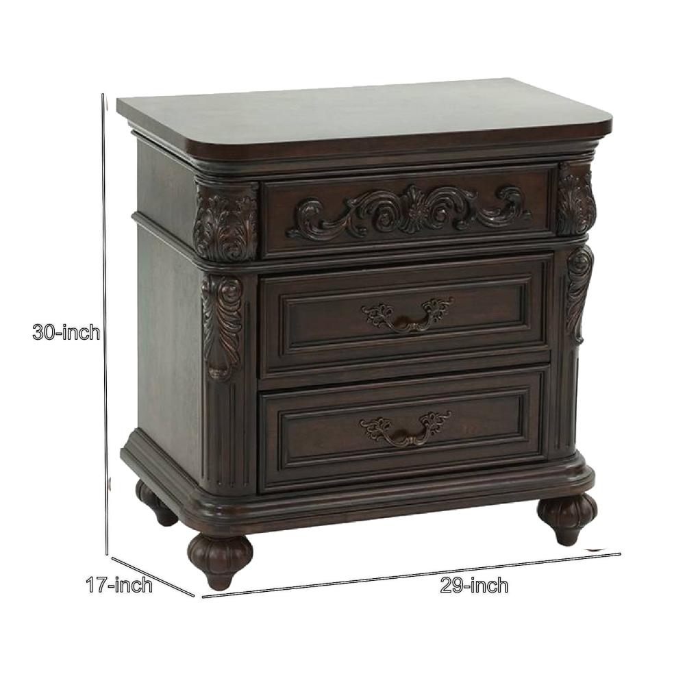 30 Inches 3 Drawer Engraved Wooden Nightstand, Brown - BM232130