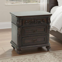 30 Inches 3 Drawer Engraved Wooden Nightstand, Brown - BM232130