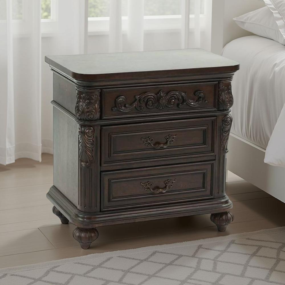 30 Inches 3 Drawer Engraved Wooden Nightstand, Brown - BM232130