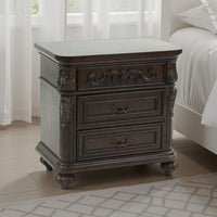 30 Inches 3 Drawer Engraved Wooden Nightstand, Brown - BM232130