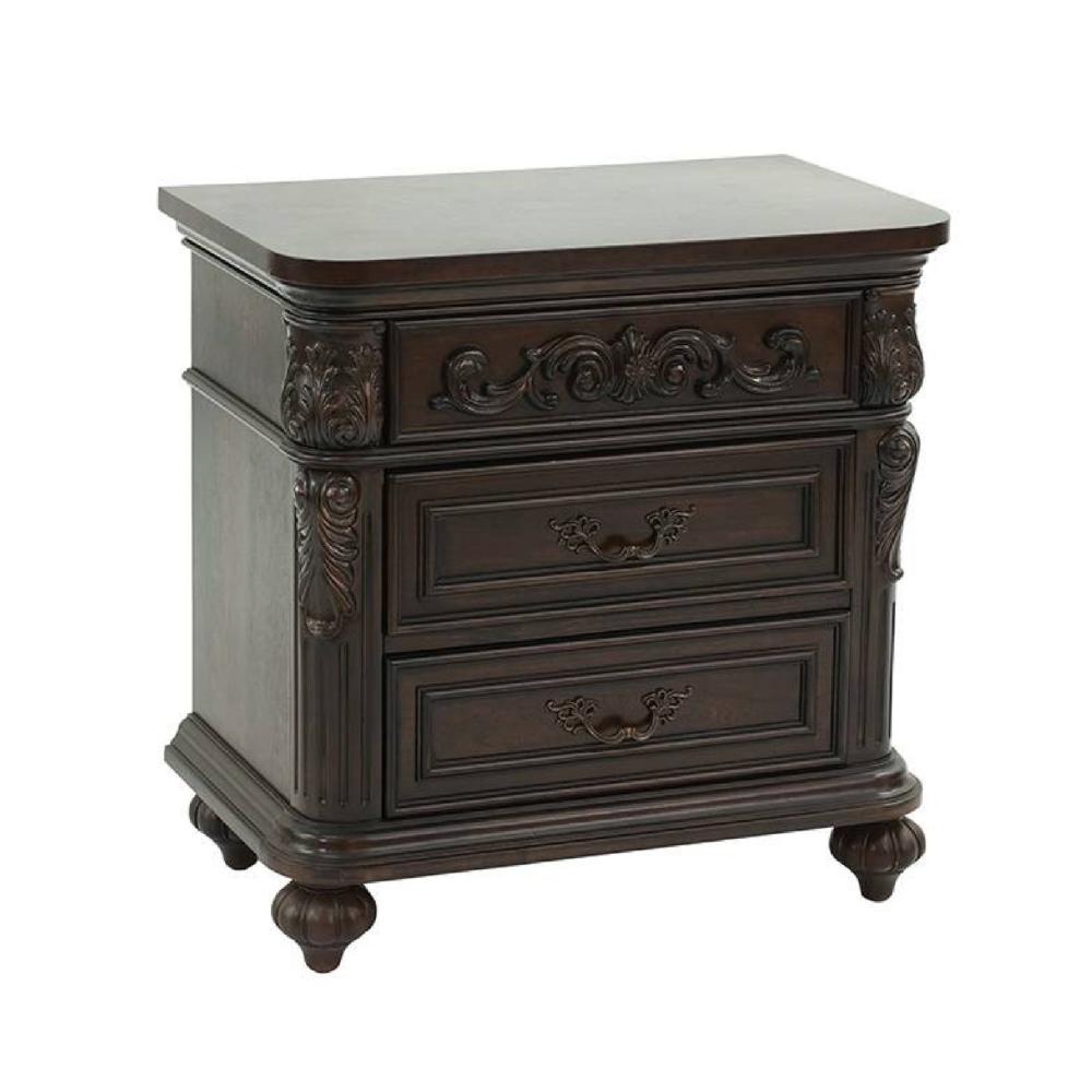 30 Inches 3 Drawer Engraved Wooden Nightstand, Brown - BM232130