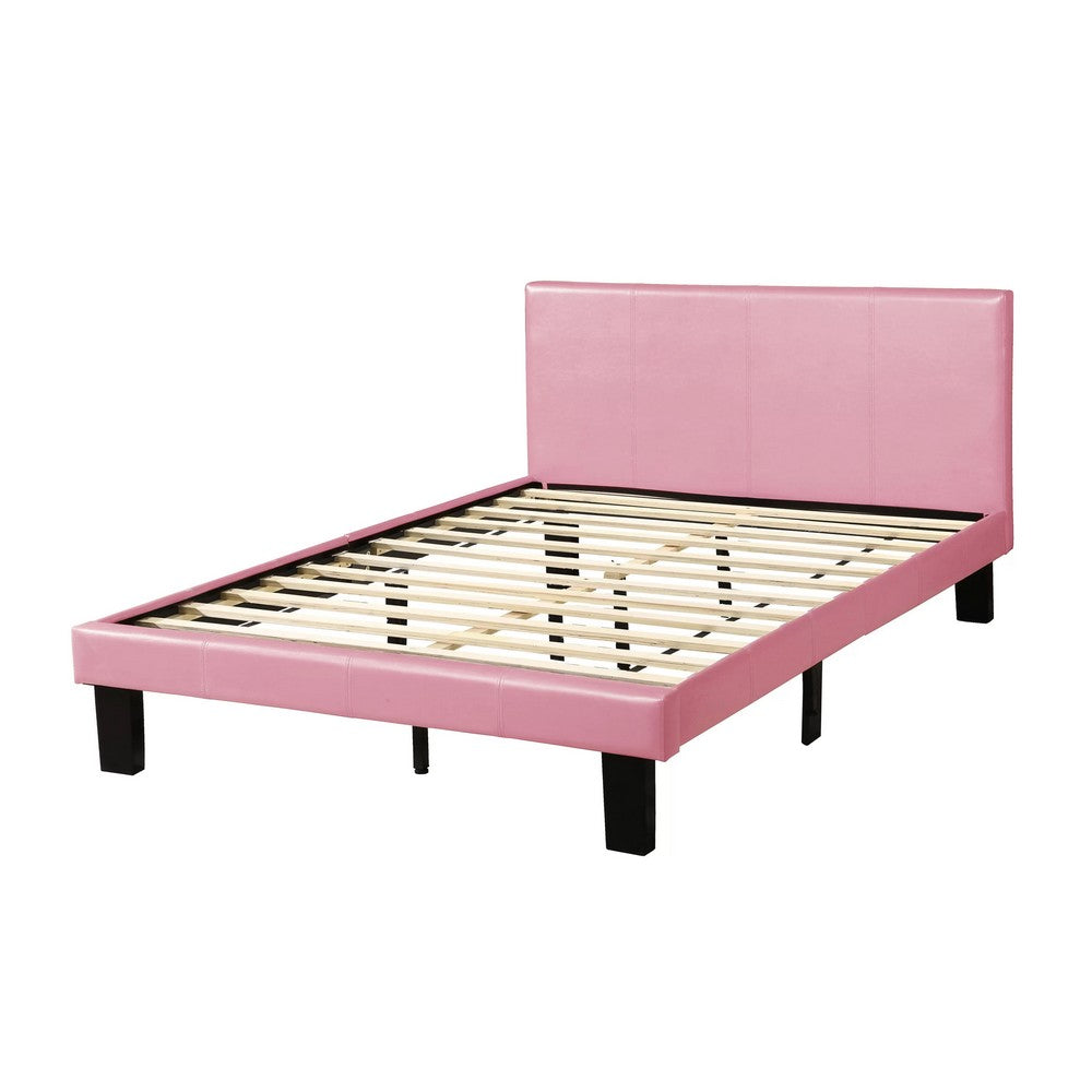 Traditional Wooden Full Bed with Faux Leather Upholstery, Pink - BM233112