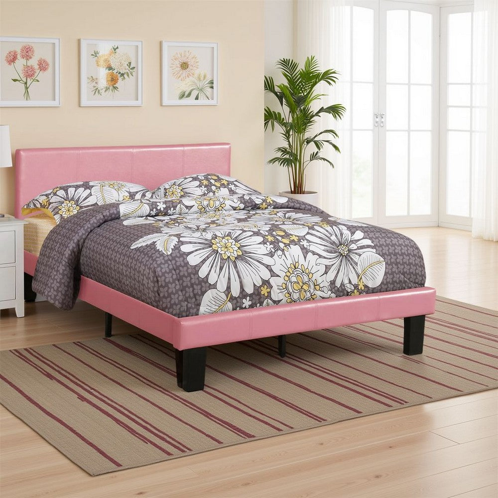 Traditional Wooden Full Bed with Faux Leather Upholstery, Pink - BM233112