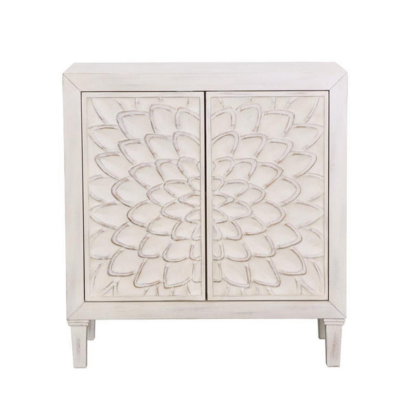 2 Door Wooden Accent Cabinet with Floral Carving, Distressed Whitewash - BM233234