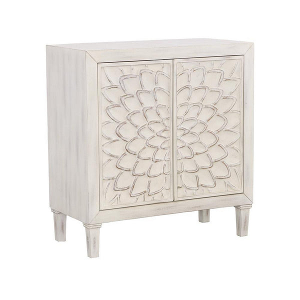 2 Door Wooden Accent Cabinet with Floral Carving, Distressed Whitewash - BM233234