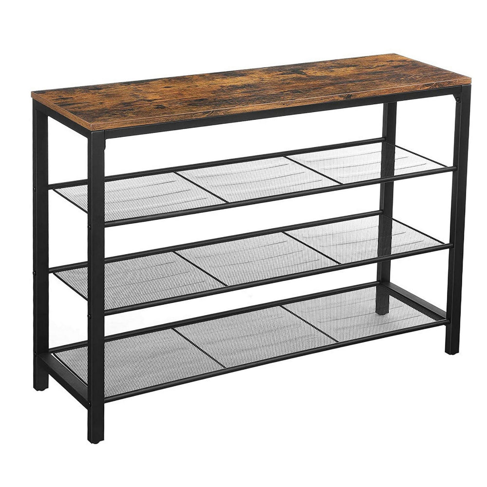 39 Inches Wooden Shoe Organizer with Mesh Shelves, Brown and Black - BM233368