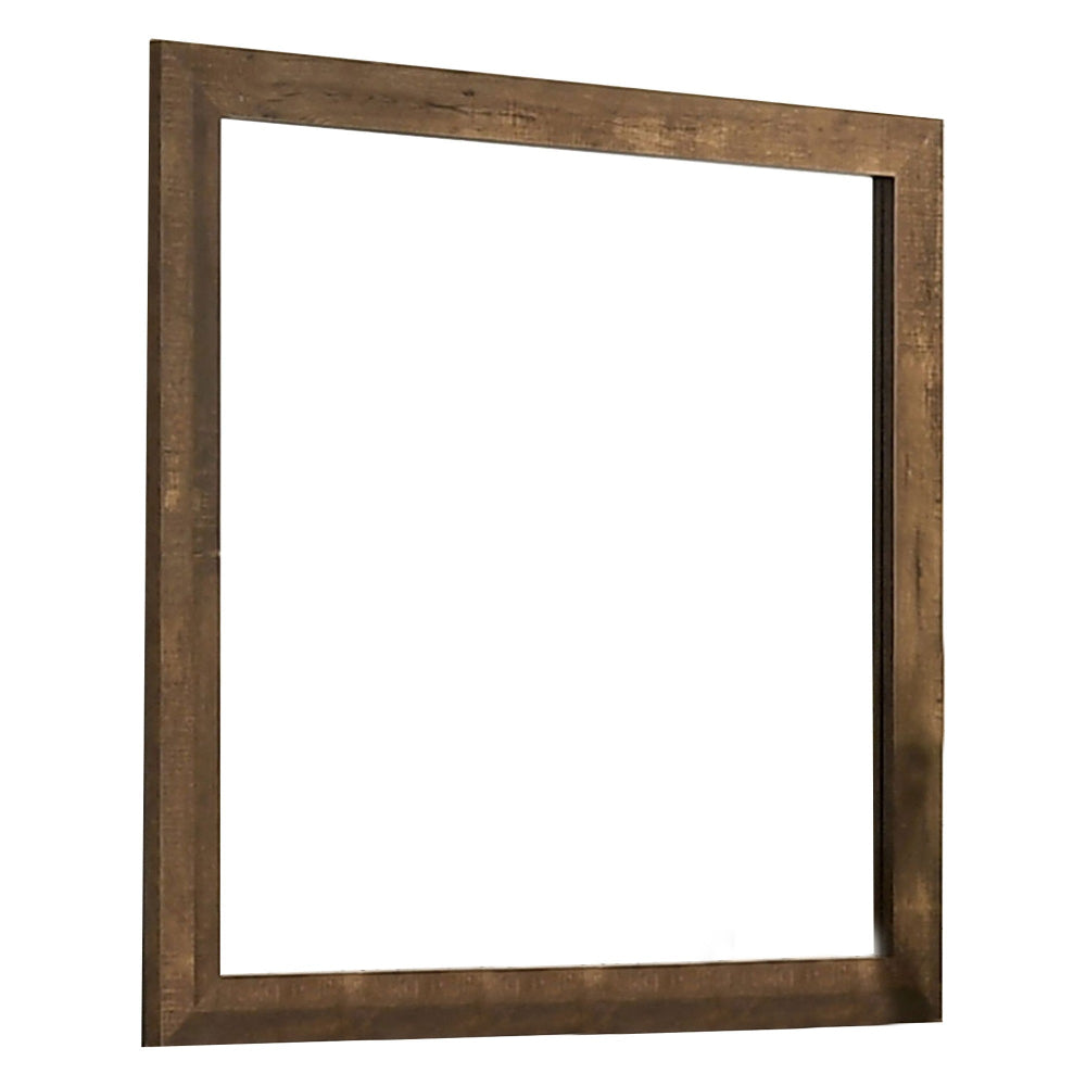 39 Inch Square Wooden Frame Rustic Mirror, Walnut - BM233728