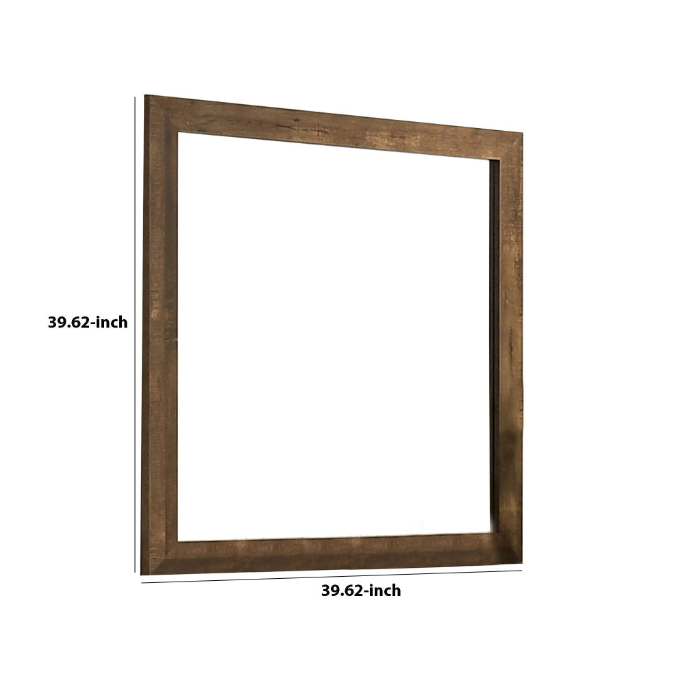 39 Inch Square Wooden Frame Rustic Mirror, Walnut - BM233728