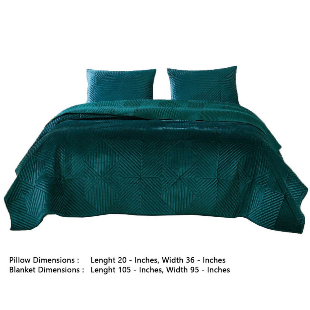 Bann 3 Piece King Quilt Set with Geometric Design, Green - BM233899
