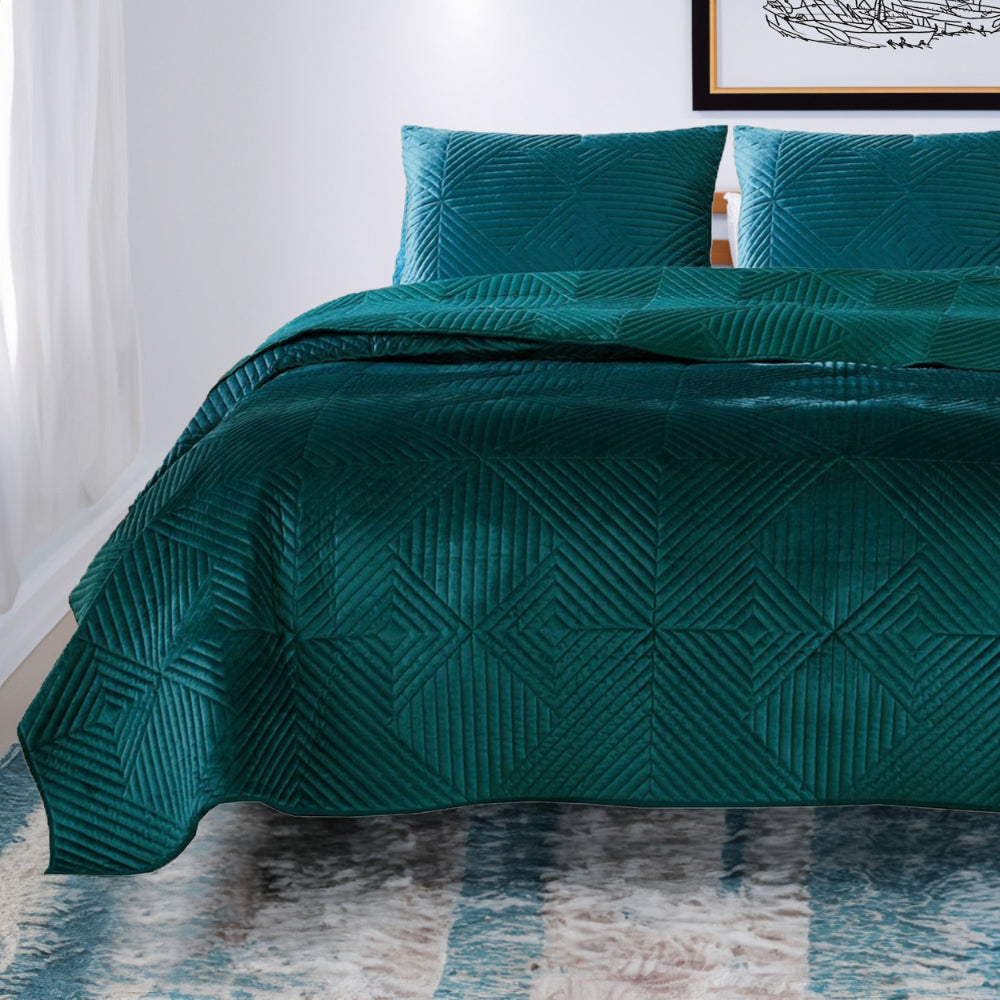 Bann 3 Piece King Quilt Set with Geometric Design, Green - BM233899