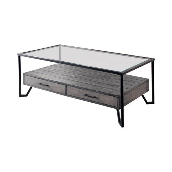 48 Inch Metal Coffee Table with Glass Top and 2 Drawers, Gray - BM239837