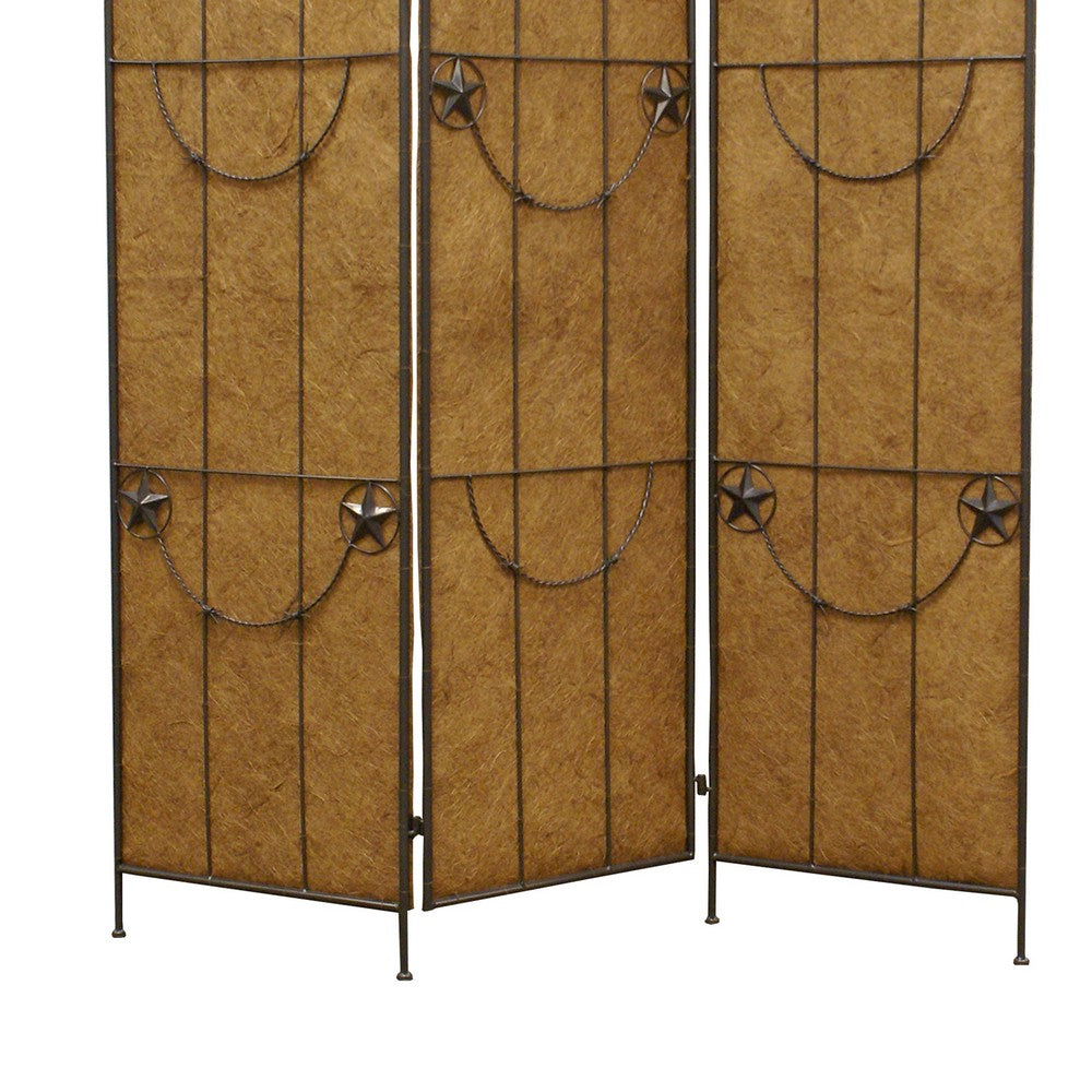 3 Panel Foldable Canvas Grill Screen with Lone Stars, Brown - BM26551