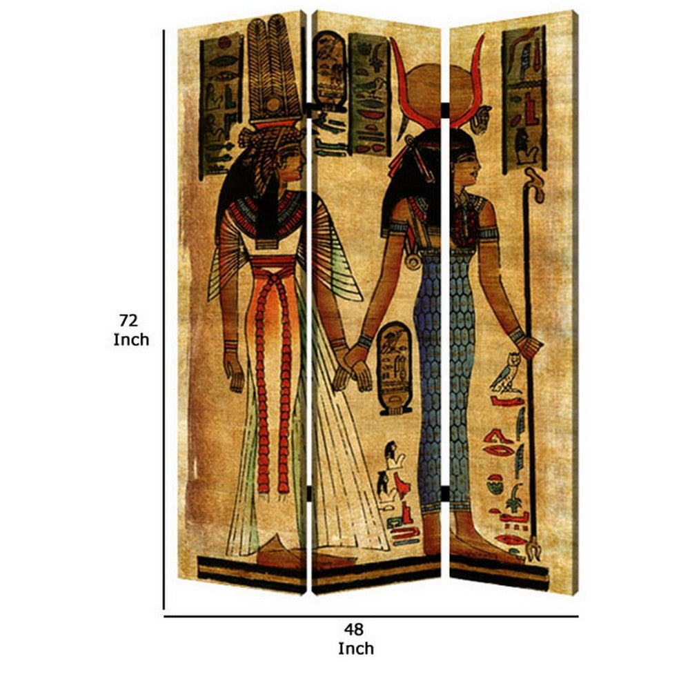 3 Panel Egyptian Safari Print Foldable Room Divider, Multicolor - BM26566