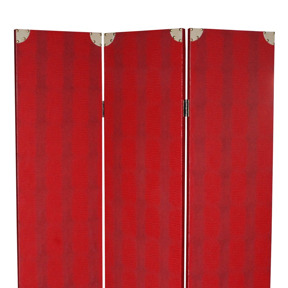 Transitional 3 Panel Wooden Screen with Nailhead Trim, Red - BM26603