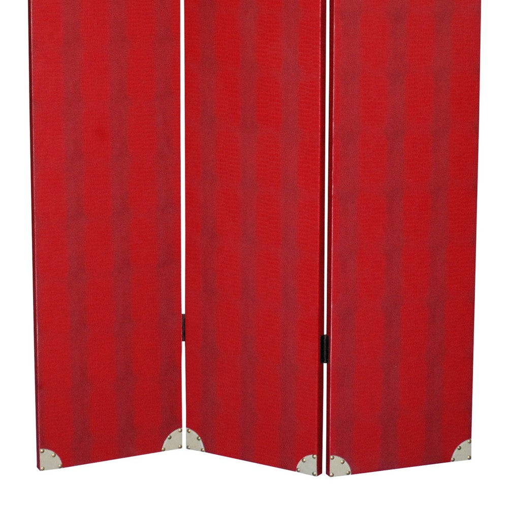 Transitional 3 Panel Wooden Screen with Nailhead Trim, Red - BM26603