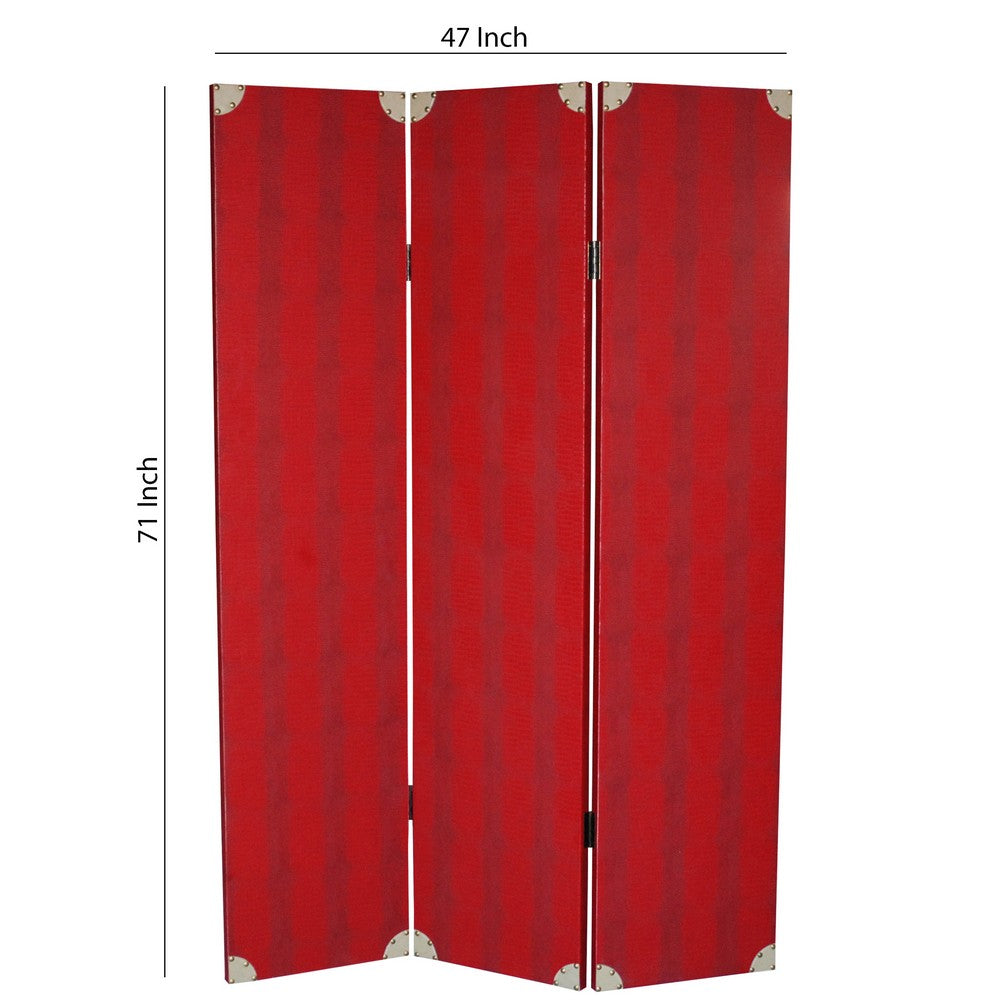 Transitional 3 Panel Wooden Screen with Nailhead Trim, Red - BM26603