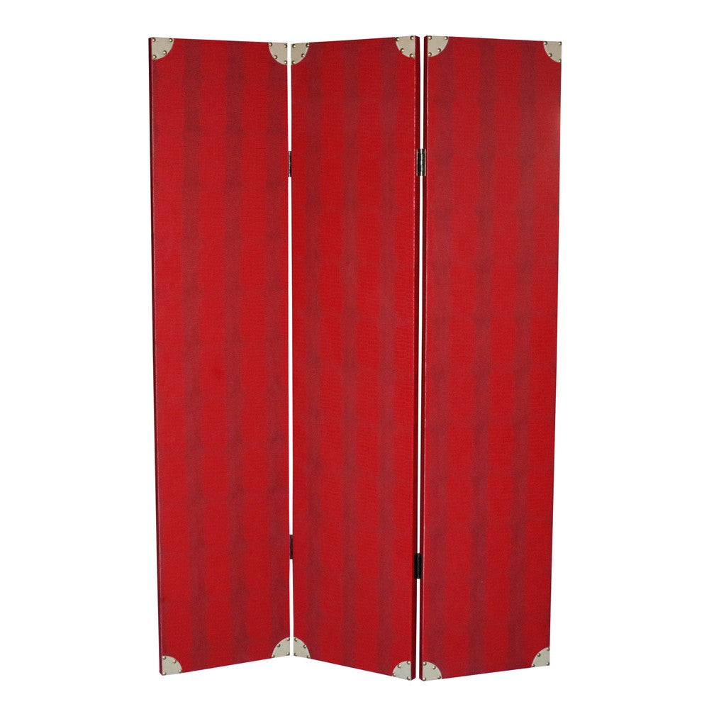 Transitional 3 Panel Wooden Screen with Nailhead Trim, Red - BM26603