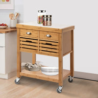 36 Inch Bamboo Kitchen Cart Island, 2 Drawers, Stainless Steel Top, Brown - BM274344