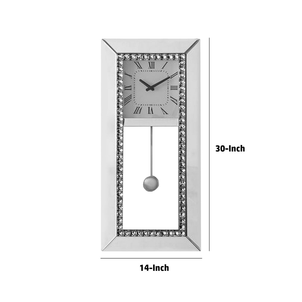 Noe 30 Inch Wall Clock, Crystal Diamond Inlaid Trim, Pendulum, White - BM275471