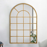 44 Inch Wood Wall Mirror, Arched Windowpane Shape, Antique Gold - BM276691