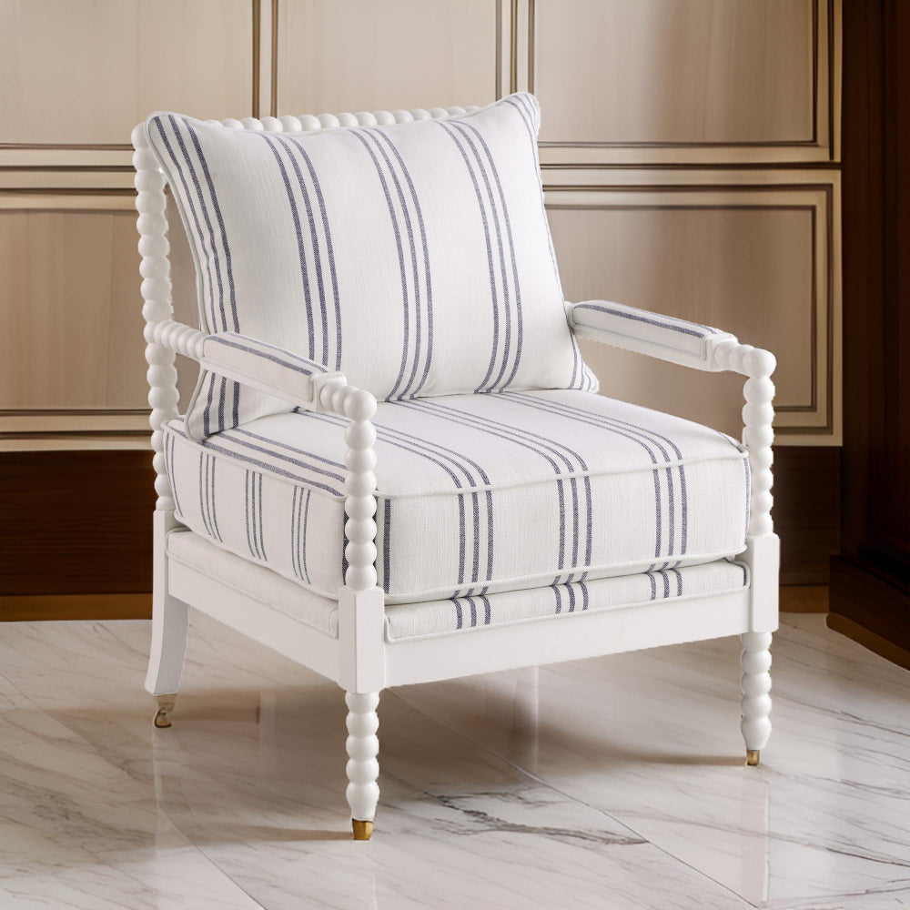 34 Inch Accent Chair, Reversible Pillow Backrest, Fabric, White, Navy - BM280596