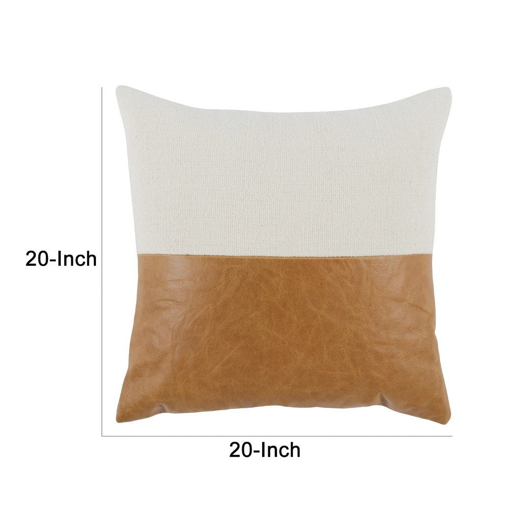 20 x 20 Throw Pillow, Genuine Leather Cover, Dual Tone, Brown and White By Casagear Home