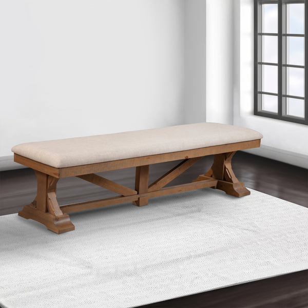 Tess 69 Inch Dining Accent Bench, Beige Fabric Cushion, Pine Wood, Brown - BM283851