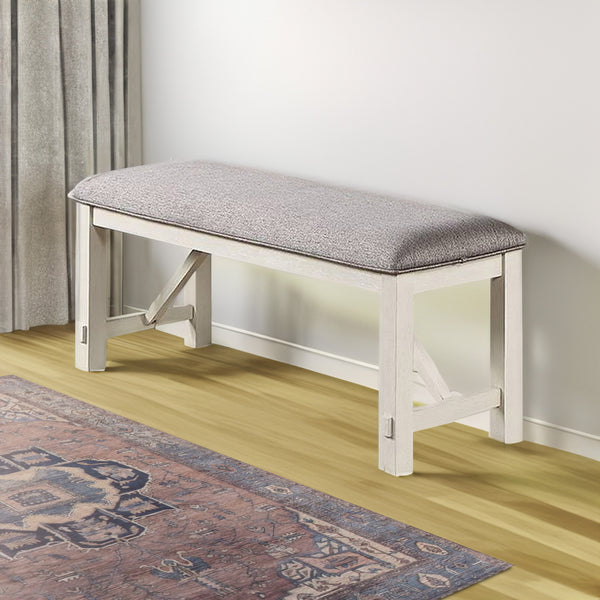 Lexi 50 Inch Dining Bench, Fabric Padded Seat, Rubberwood, Gray and White - BM284313