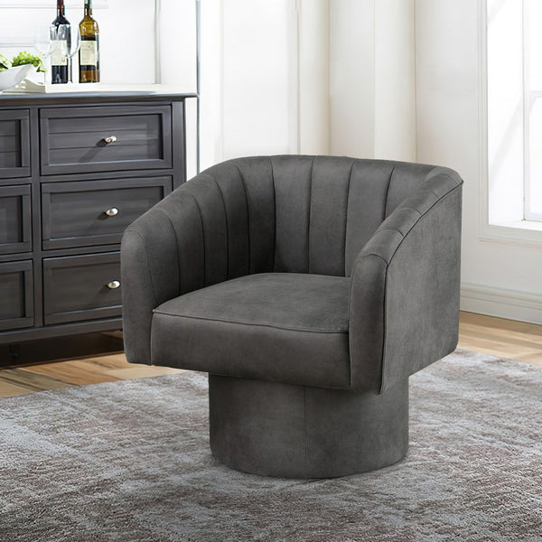 Kate 30 Inch Accent Chair, 360 Swivel Seat, Vegan Faux Leather, Dark Gray - BM284349