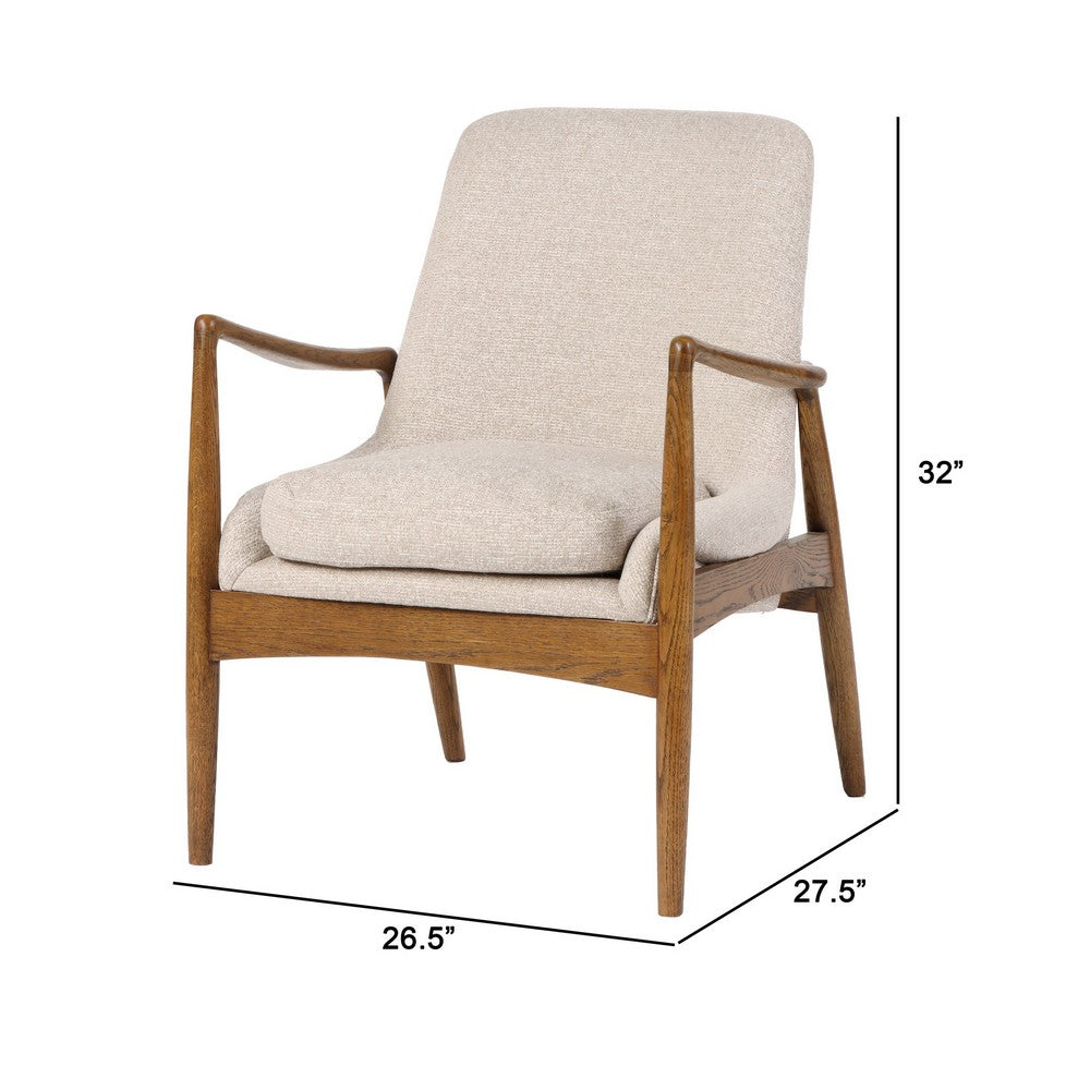 28 Inch Fabric Upholstered Accent Armchair, Birch Wood, Off White, Brown - BM284776