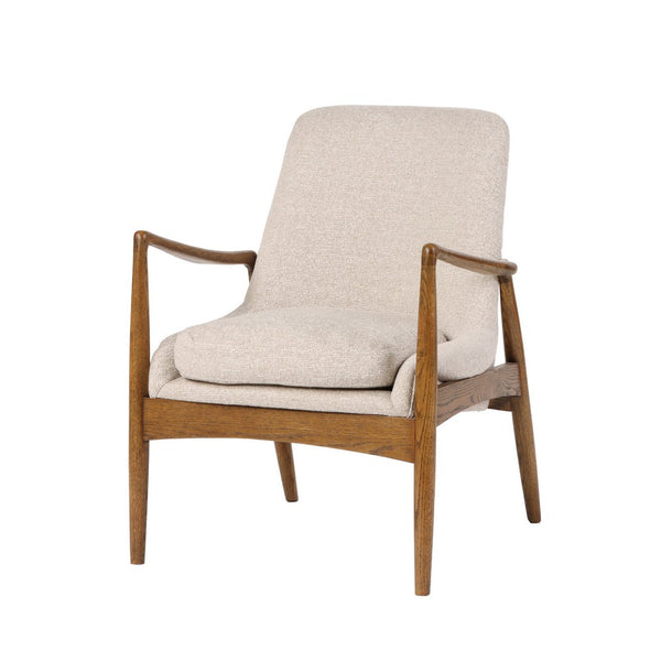 28 Inch Fabric Upholstered Accent Armchair, Birch Wood, Off White, Brown - BM284776
