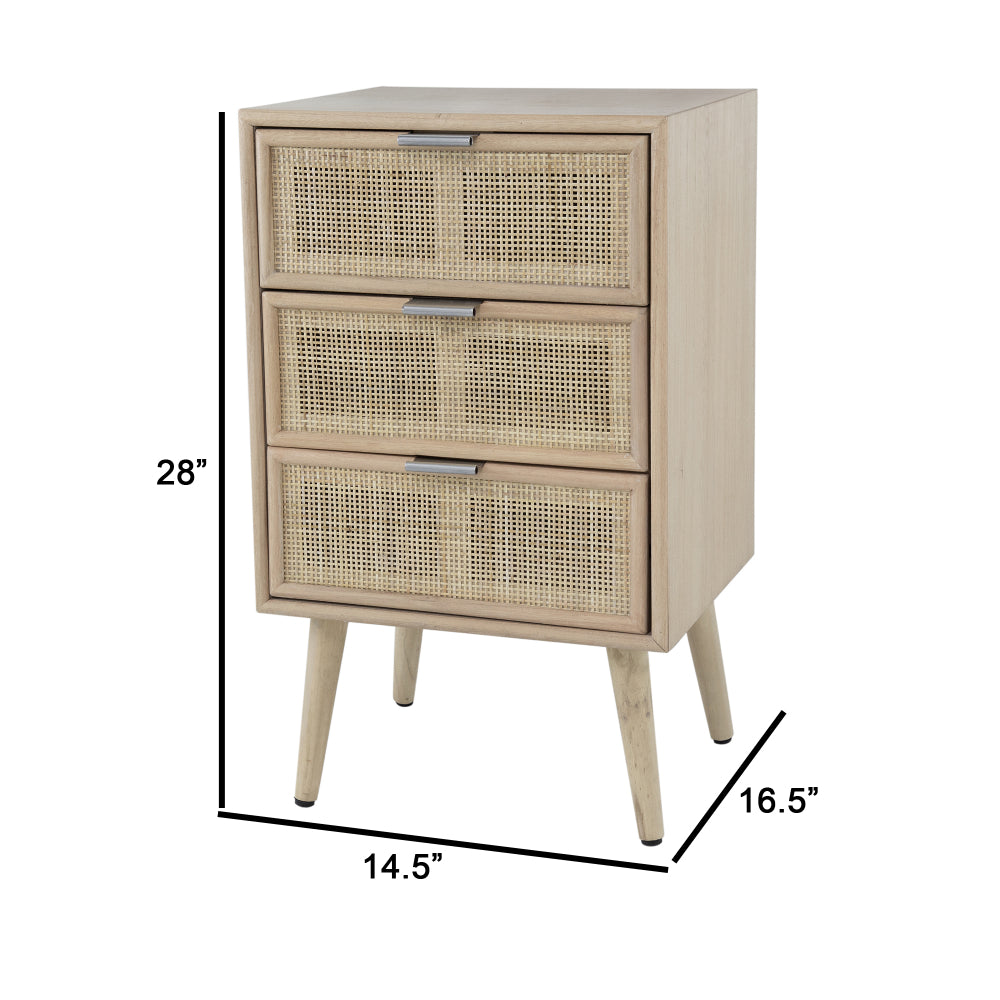 Cae 28 Inch Dresser Chest, 3 Drawers, Pine Wood, Rattan Panels, Brown - BM284812
